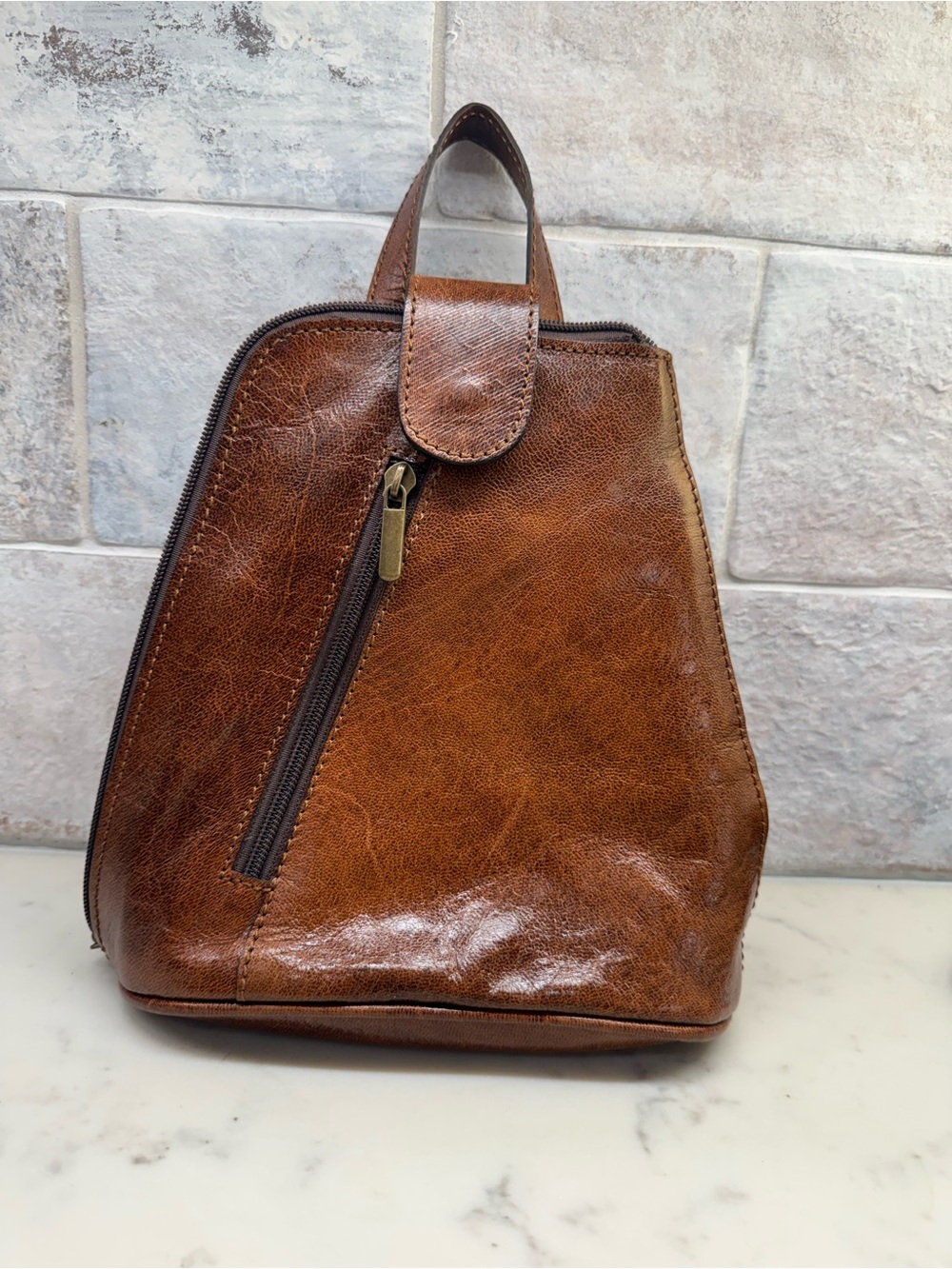 Vintage Style Cognac Brown Leather Mini Backpack Purse Artisan Made Portugal